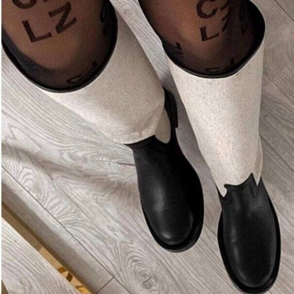 ZARA Combined Leather and Linen Knee High Boots Color block Size 7.5 / 38 RARE - Picture 2 of 14
